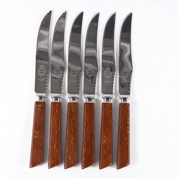 Vintage Warranted Sheffield steak knives /w wooden handles, set of 6 knives - Picture 1 of 5